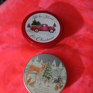 2 Christmas Tins Beautiful 1 Forest Scenery And 1 Red Both Sentimental Writings
